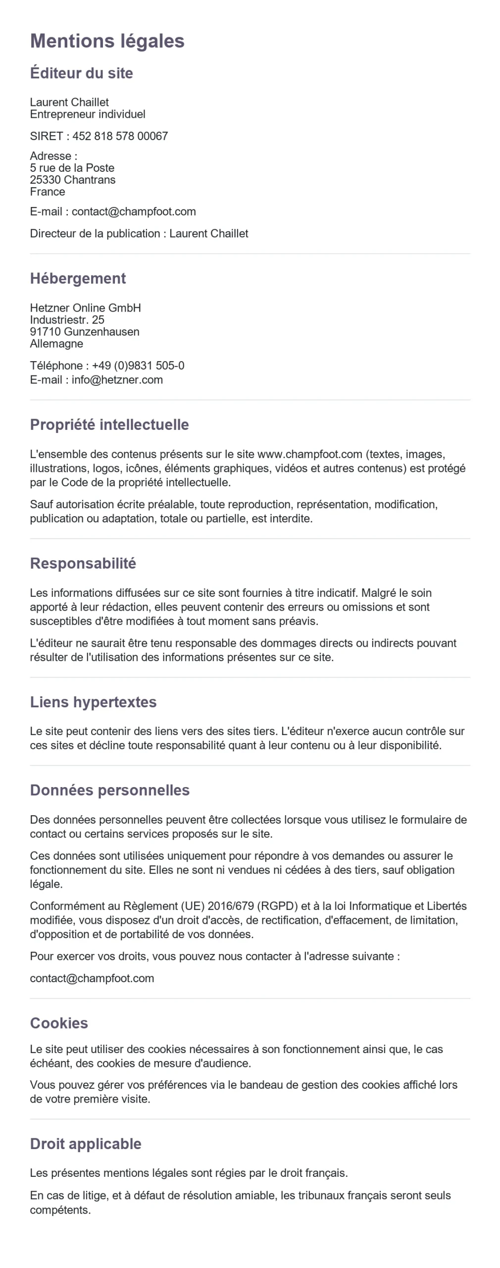 Mentions légales Champ Forme